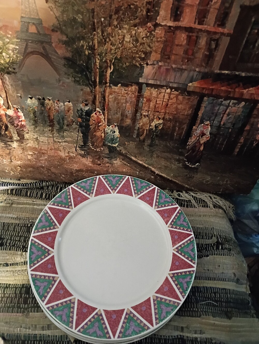 Geometric Pattern Dinner Plate - Pink & Teal Rim - Picture 2 of 5